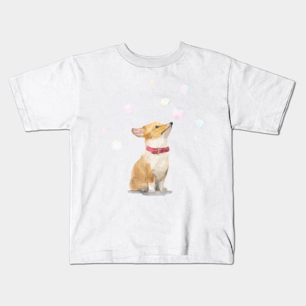 Corgi with Bubbles Watercolour Painting Kids T-Shirt by Flowering Words